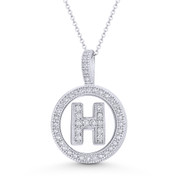 Cubic Zirconia Crystal Pave Initial Letter "H" & Halo Round Disc Pendant in Solid 14k White Gold - BD-IP3-H-DiaCZ-14W