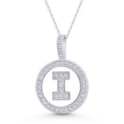 Cubic Zirconia Crystal Pave Initial Letter "I" & Halo Round Disc Pendant in Solid 14k White Gold - BD-IP3-I-DiaCZ-14W