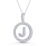 Cubic Zirconia Crystal Pave Initial Letter "J" & Halo Round Disc Pendant in Solid 14k White Gold - BD-IP3-J-DiaCZ-14W