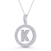 Cubic Zirconia Crystal Pave Initial Letter "K" & Halo Round Disc Pendant in Solid 14k White Gold - BD-IP3-K-DiaCZ-14W