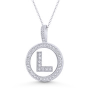 Cubic Zirconia Crystal Pave Initial Letter "L" & Halo Round Disc Pendant in Solid 14k White Gold - BD-IP3-L-DiaCZ-14W