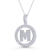 Cubic Zirconia Crystal Pave Initial Letter "M" & Halo Round Disc Pendant in Solid 14k White Gold - BD-IP3-M-DiaCZ-14W