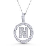 Cubic Zirconia Crystal Pave Initial Letter "N" & Halo Round Disc Pendant in Solid 14k White Gold - BD-IP3-N-DiaCZ-14W