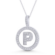 Cubic Zirconia Crystal Pave Initial Letter "P" & Halo Round Disc Pendant in Solid 14k White Gold - BD-IP3-P-DiaCZ-14W