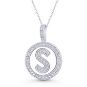 Cubic Zirconia Crystal Pave Initial Letter "S" & Halo Round Disc Pendant in Solid 14k White Gold - BD-IP3-S-DiaCZ-14W