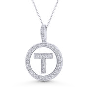Cubic Zirconia Crystal Pave Initial Letter "T" & Halo Round Disc Pendant in Solid 14k White Gold - BD-IP3-T-DiaCZ-14W