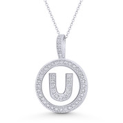 Cubic Zirconia Crystal Pave Initial Letter "U" & Halo Round Disc Pendant in Solid 14k White Gold - BD-IP3-U-DiaCZ-14W
