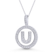 Cubic Zirconia Crystal Pave Initial Letter "U" & Halo Round Disc Pendant in Solid 14k White Gold - BD-IP3-U-DiaCZ-14W