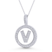 Cubic Zirconia Crystal Pave Initial Letter "V" & Halo Round Disc Pendant in Solid 14k White Gold - BD-IP3-V-DiaCZ-14W