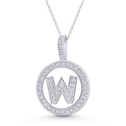 Cubic Zirconia Crystal Pave Initial Letter "W" & Halo Round Disc Pendant in Solid 14k White Gold - BD-IP3-W-DiaCZ-14W