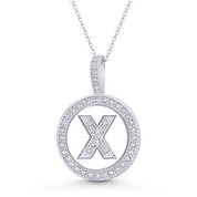 Cubic Zirconia Crystal Pave Initial Letter "X" & Halo Round Disc Pendant in Solid 14k White Gold - BD-IP3-X-DiaCZ-14W