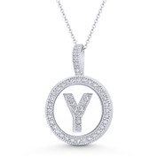 Cubic Zirconia Crystal Pave Initial Letter "Y" & Halo Round Disc Pendant in Solid 14k White Gold - BD-IP3-Y-DiaCZ-14W