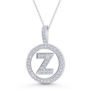 Cubic Zirconia Crystal Pave Initial Letter "Z" & Halo Round Disc Pendant in Solid 14k White Gold - BD-IP3-Z-DiaCZ-14W