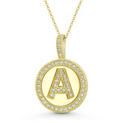 Cubic Zirconia Crystal Pave Initial Letter "A" & Halo Round Disc Pendant in Solid 14k Yellow Gold - BD-IP3-A-DiaCZ-14Y