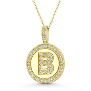 Cubic Zirconia Crystal Pave Initial Letter "B" & Halo Round Disc Pendant in Solid 14k Yellow Gold - BD-IP3-B-DiaCZ-14Y
