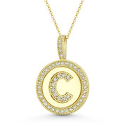 Cubic Zirconia Crystal Pave Initial Letter "C" & Halo Round Disc Pendant in Solid 14k Yellow Gold - BD-IP3-C-DiaCZ-14Y