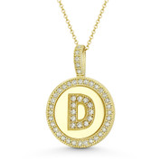 Cubic Zirconia Crystal Pave Initial Letter "D" & Halo Round Disc Pendant in Solid 14k Yellow Gold - BD-IP3-D-DiaCZ-14Y