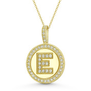 Cubic Zirconia Crystal Pave Initial Letter "E" & Halo Round Disc Pendant in Solid 14k Yellow Gold - BD-IP3-E-DiaCZ-14Y