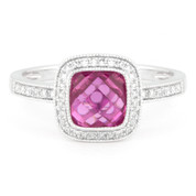 2.37ct Checkerboard Lab-Created Pink Sapphire & Round Cut Diamond Pave Halo-Design Ring in 14k White Gold