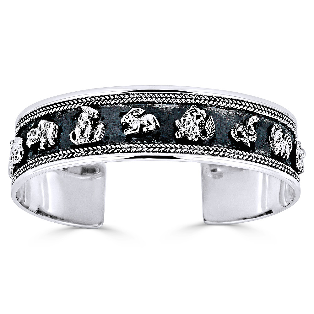 Chinese Zodiac Animal Open HeavyCuff Charm Bangle Bracelet in Solid