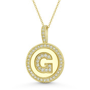 Cubic Zirconia Crystal Pave Initial Letter "G" & Halo Round Disc Pendant in Solid 14k Yellow Gold - BD-IP3-G-DiaCZ-14Y