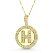 Cubic Zirconia Crystal Pave Initial Letter "H" & Halo Round Disc Pendant in Solid 14k Yellow Gold - BD-IP3-H-DiaCZ-14Y