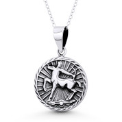 Sagittarius Zodiac Sign Circle Astrology Charm Pendant & Chain Necklace in Oxidized .925 Sterling Silver -  ST-HCP002-SAG-SLO