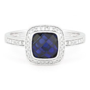 2.44ct Checkerboard Lab-Created Blue Sapphire & Round Cut Diamond Pave Halo-Design Ring in 14k White Gold