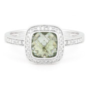 1.57ct Checkerboard Green Amethyst & Round Cut Diamond Pave Halo-Design Ring in 14k White Gold