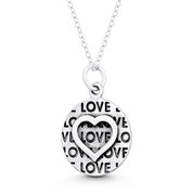 Circle Disc, Heart, & Love Engraving Charm Pendant in Oxidized .925 Sterling Silver - ST-FP094-SLO