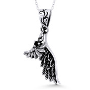 Angel's Wing & Feather Charm w/ CZ Antique-Finish Oxidized Pendant in .925 Sterling Silver -  ST-FP110-SLO
