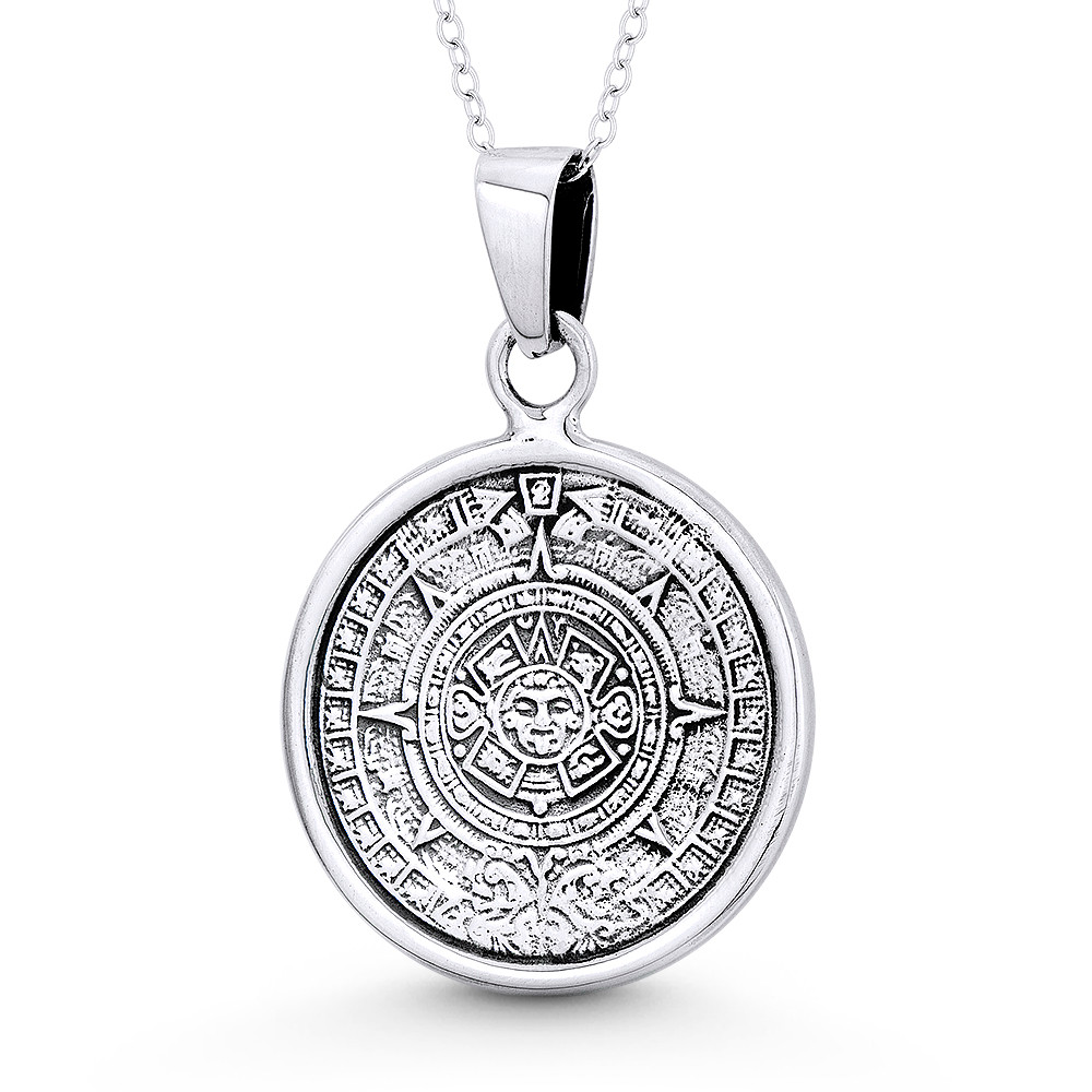 Choice of Necklace Length 10K White Gold Round Aztec Mayan Calendar Charm Pendant Necklace with Rolo Chain