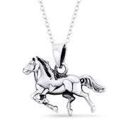 Galloping Stallion Horse Charm Animal Pendant Chain Necklace in .925 Sterling Silver - ST-FP129-SLO