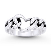 Heart, Curb Links, Splitshank Band Love Charm Ring in Oxidized .925 Sterling Silver - ST-FR067-SLO