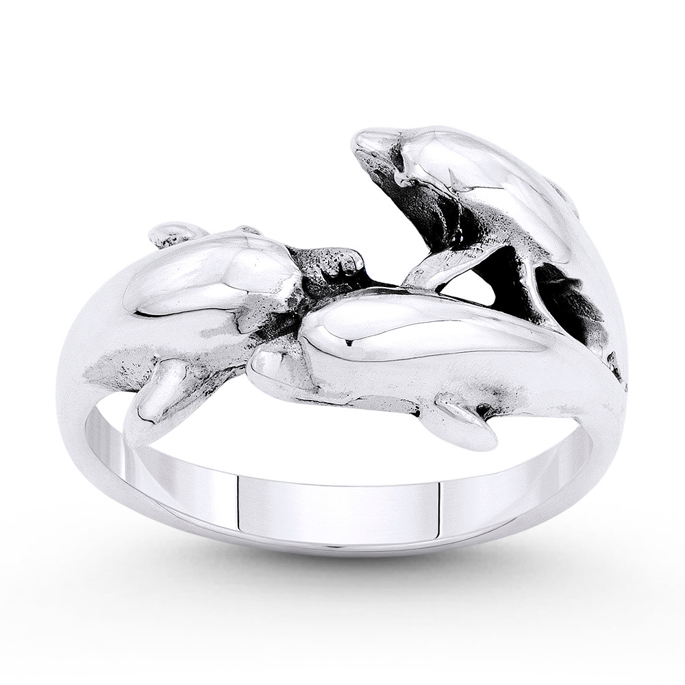 Dolphin Pod Animal Charm Stackable Right-Hand Ring in Oxidized .925 ...