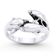 Dolphin Pod Animal Charm Stackable Right-Hand Ring in Oxidized .925 Sterling Silver - ST-FR073-SLO