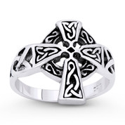 Celtic Pewter Cross & Knot Religious Charm Wide Ring in Oxidized .925 Sterling Silver - ST-FR083-SLO