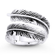 Rustic-Finish Eagle's Feather Charm Bypass Wrap Ring in Oxidized .925 Sterling Silver - ST-FR092-SLO