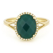 2.51ct Checkerboard Cut Green Agate & Round Diamond Oval Halo Right-Hand Ring in 14k Yellow Gold