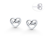 Heart & "Love" Word Script Charm 6x7mm Stud Earrings in Oxidized .925 Sterling Silver - ST-SE130-SL