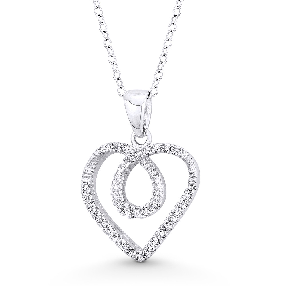 925 Sterling Silver Rhodium-plated CZ Double Heart Chain Slide Charm Pendant