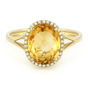 2.73ct Checkerboard Cut Citrine & Round Diamond Oval Halo Right-Hand Ring in 14k Yellow Gold
