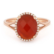 2.57ct Checkerboard Cut Red Agate & Round Diamond Oval Halo Right-Hand Ring in 14k Rose Gold