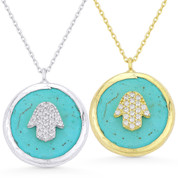 Hamsa Hand CZ Charm on Faux Turquoise Circle Pendant & Chain in .925 Sterling Silver - EYESN66