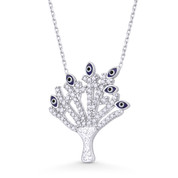 Evil Eye Tree-of-Life Bead & CZ Crystal Charm Pendant & Chain Necklace in .925 Sterling Silver - EYESN97-DiaCZ-Blue2-SL