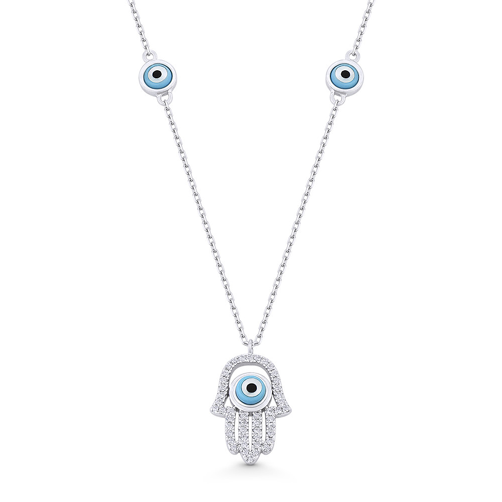 Hamsa Hand Evil Eye Charm CZ Crystal Pendant /& Necklace in .925 Sterling Silver