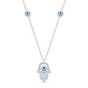 Hamsa Hand Evil Eye Bead Charm w/ CZ Pendant & Chain Necklace in .925 Sterling Silver - EYESN84