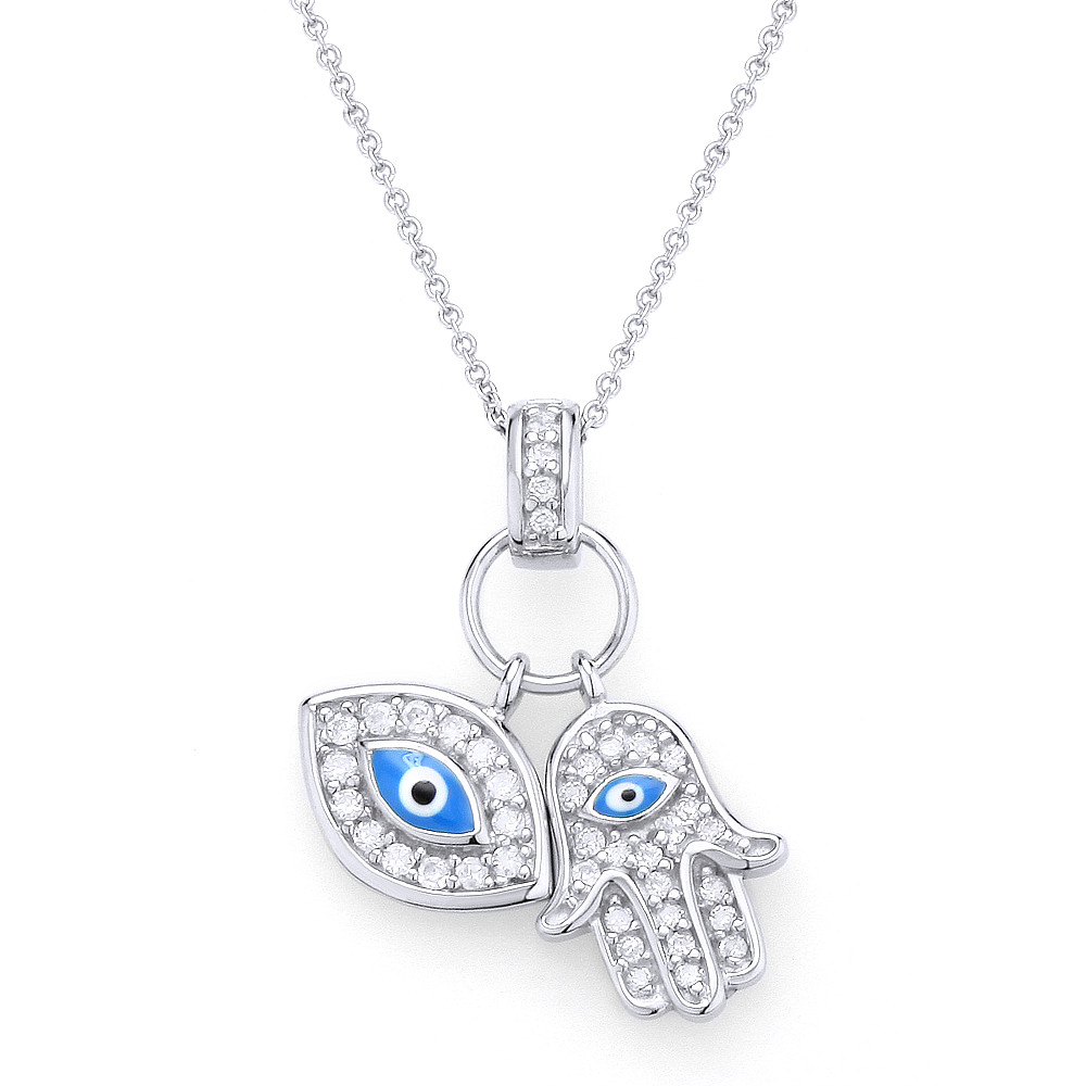 Hamsa Hand Evil Eye Charm Open Pendant & Chain Necklace in .925 Sterling Silver