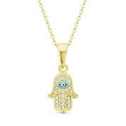 Hamsa Hand CZ Crystal & Evil Eye Bead Charm Pendant in .925 Sterling Silver w/ 14k Yellow Gold - EYESP72-Blue1Y