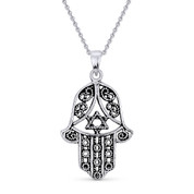 Hamsa Hand Evil Eye Charm Pendant & Chain Necklace in Antique-Style .925 Sterling Silver - EYESP79-SLO